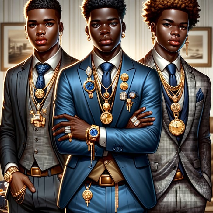 Young Black Men Exude Success and Prosperity in Stylish Attire and Jewelry