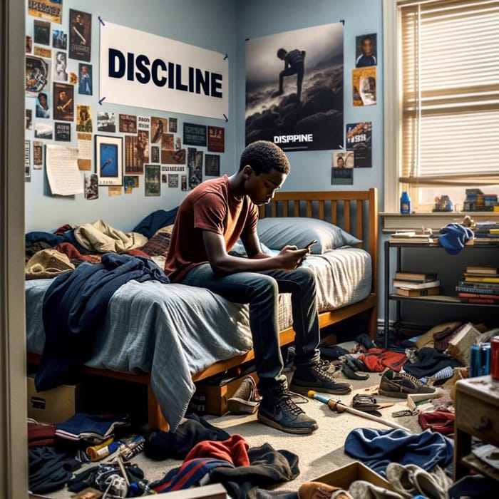 Discipline Poster in Chaos: 15-Year-Old African American Boy in Room