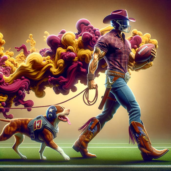 8K Detailed Image: Dallas Cowboy Leads Washington Commando on Leash with Maroon and Gold Accents