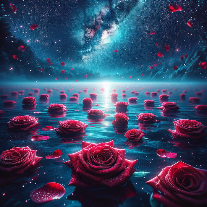 8K Red Roses in Magia Moon Water with Stars Background | Stunning Image