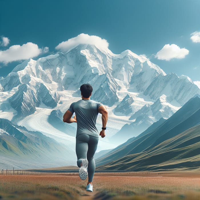 Man Running Towards Majestic Mountain