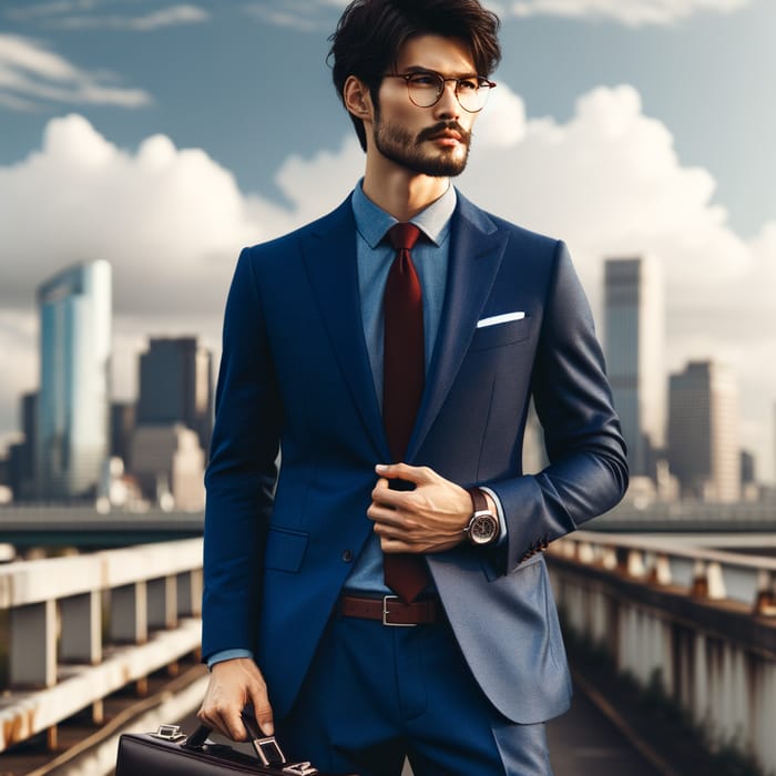 Confident Asian Man in Stylish Cobalt Suit with City Background