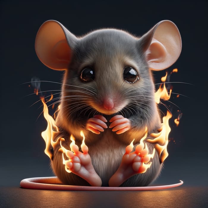 Realistic 3D Sad Mouse with Flaming Paws