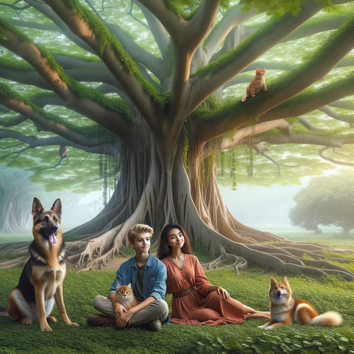 Peaceful Nature Scene: Multicultural Couple with Pets under Shade Tree