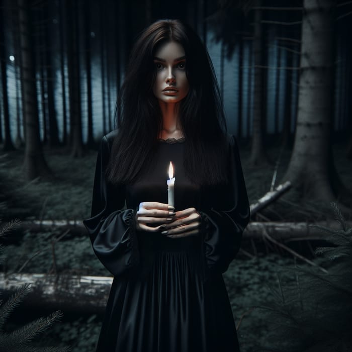 Dark Long Haired Woman in Black Forest Night Scene
