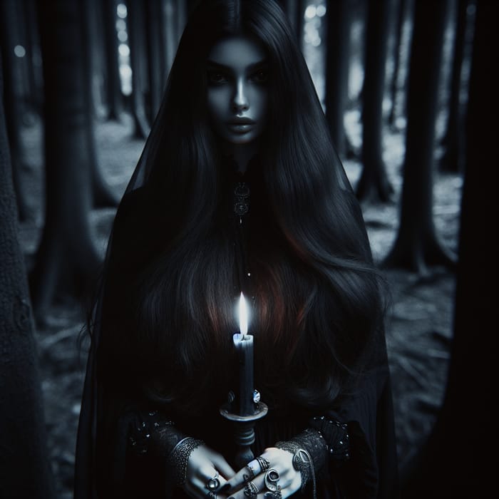 Mysterious Dark Witch in Forest with Candle and Rings