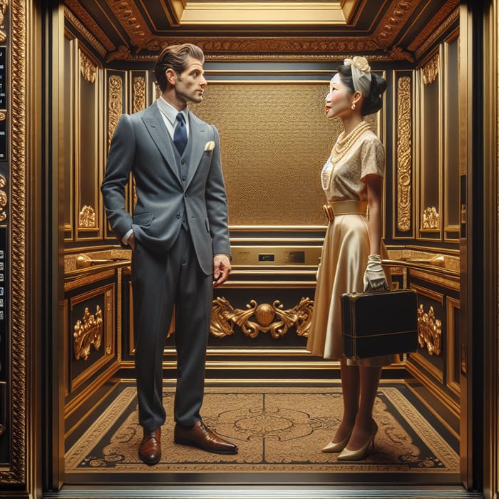 Vintage Elevator Scene with Stylish Couple | Timeless Elegance