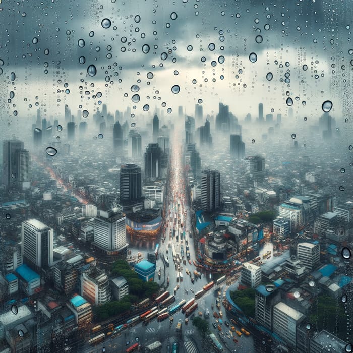 Captivating Cityscape Through Rain-Kissed Glass Wall in Urban Rainfall Scene