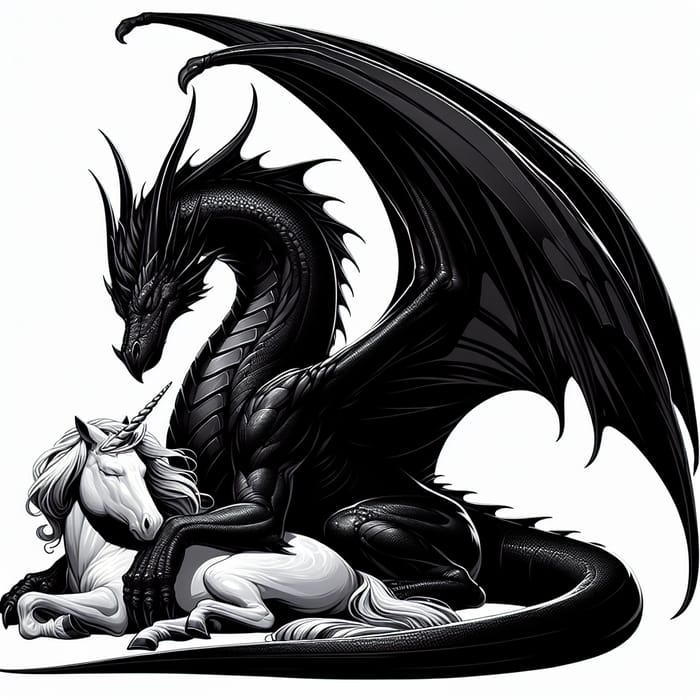 Majestic Black Dragon Embracing Sleeping Unicorn