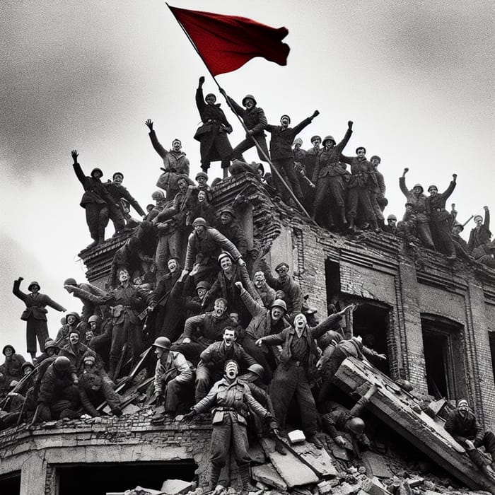 1945 Victory: Red Flag Raised by Soviet Soldiers at Reichstag