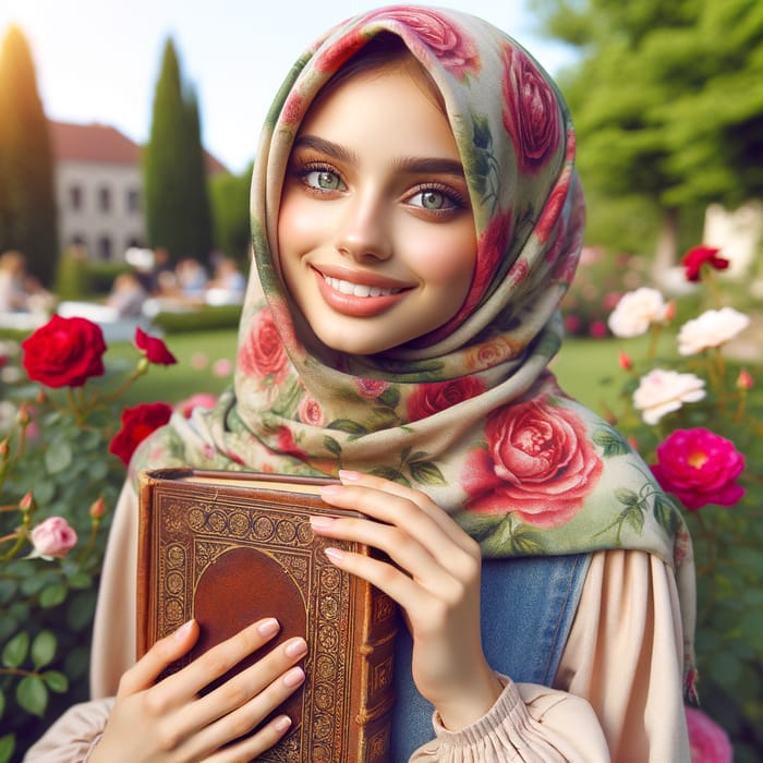 Young Girl in Colorful Hijab Smiling in Blooming Rose Garden