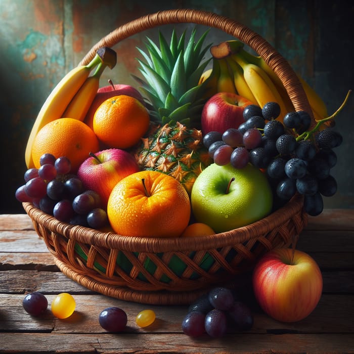 Colorful Fruit Basket Displayed on Wooden Table