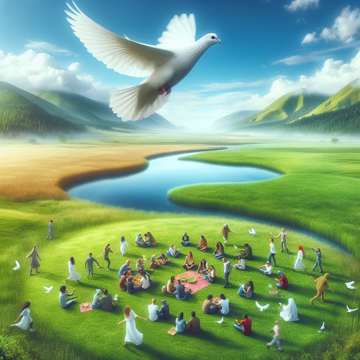 Peaceful Grassland Painting with Pigeon of Harmony