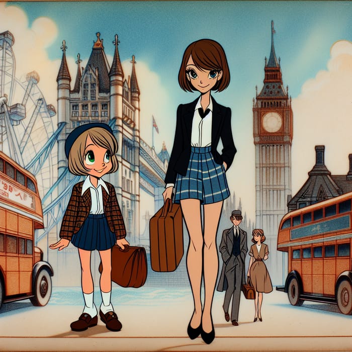 Vintage Style Animated Image: Short Blonde Girl in London Cityscape