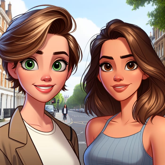 Pixar Style Image of Two Women with Unique Hairstyles in London