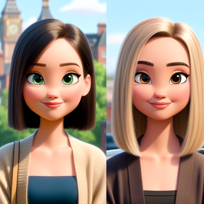 Pixar-Style Fair-Skinned and Asian Women in London Cityscape