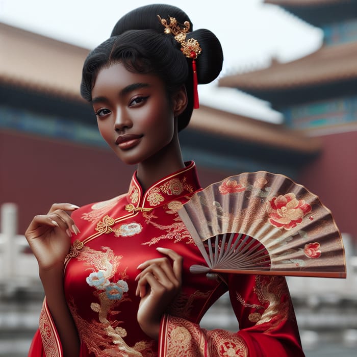 Graceful Dark-Skinned Woman in Red Silk Chinese Dress