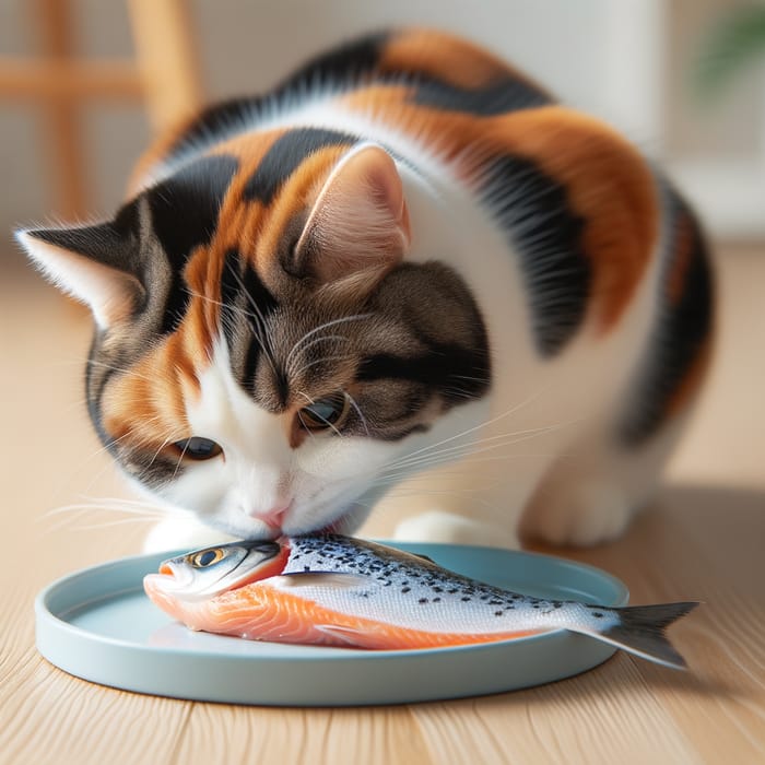 Colorful Cat Eating Fresh Salmon - Indoor Mealtime