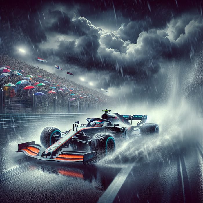 Formula 1 Car Racing in Heavy Rain