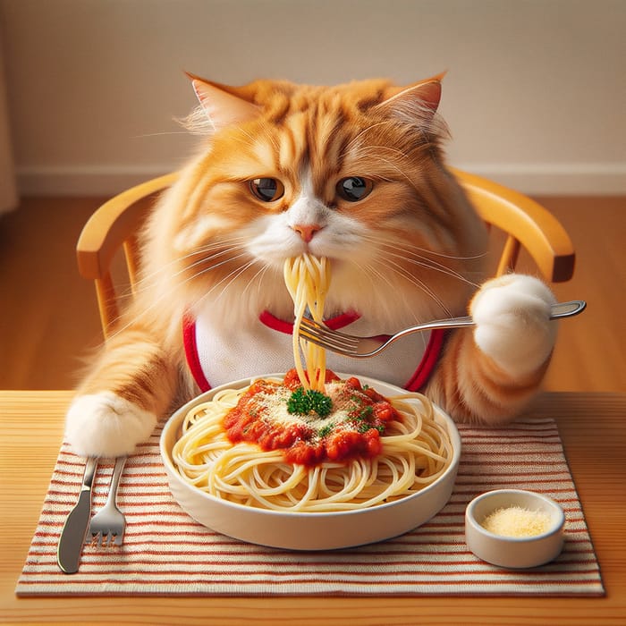 Adorable Cat Enjoying Spaghetti Delightfully