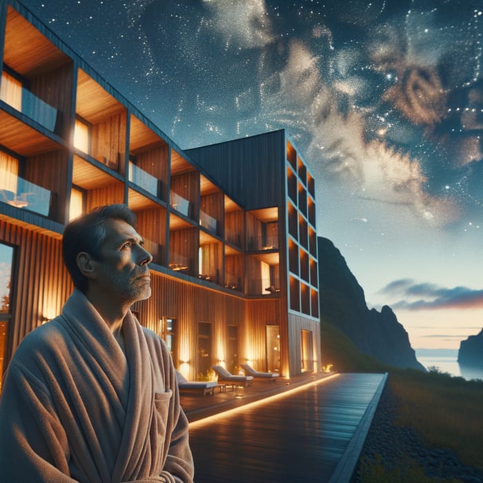Modern Wooden Hotel with Man Gazing at Starry Sky - Kamchatka Scene