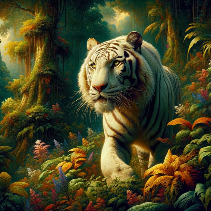 Majestic White Tiger in Vibrant Jungle Artwork