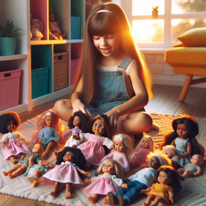 Girl Playing with Diverse Dolls in Colorful Room