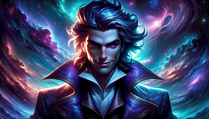 Villainous Anti-Hero with Blue Purple Hair - Young Man in Galactic Universe
