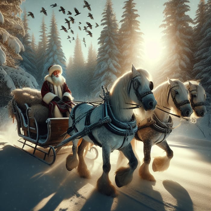 Grandfather Frost on Sleigh with Three White Horses in Winter Scene