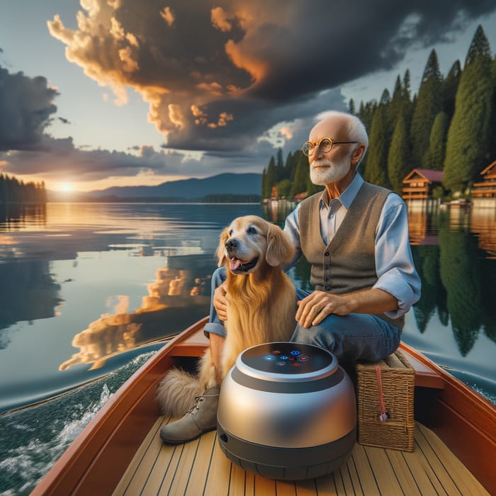 Tranquil Sunset Boat Ride: Elderly Man and Golden Retriever