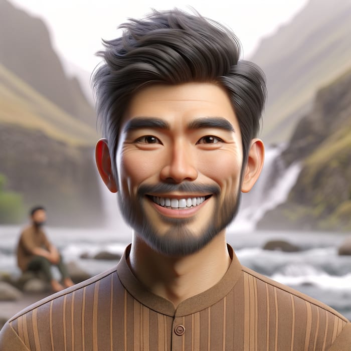 3D East Asian Man in Brown Striped Shirt Smiling by Waterfall