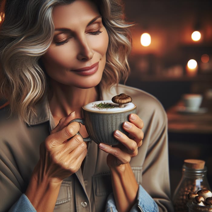 Exquisite Portrait of Middle-Aged Woman Enjoying Mushroom Coffee