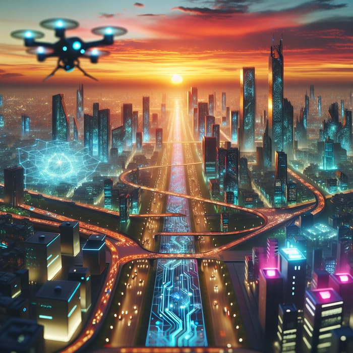 Neon Cyberpunk City at Sunset | Traffic, Drones & Sci-Fi Vibe