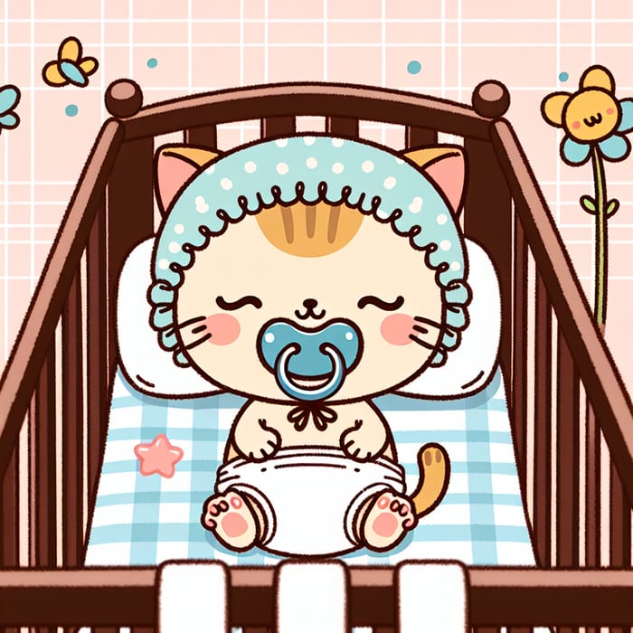 Sleeping Baby Kitten in Animated Crib with Pacifier - Cute Image