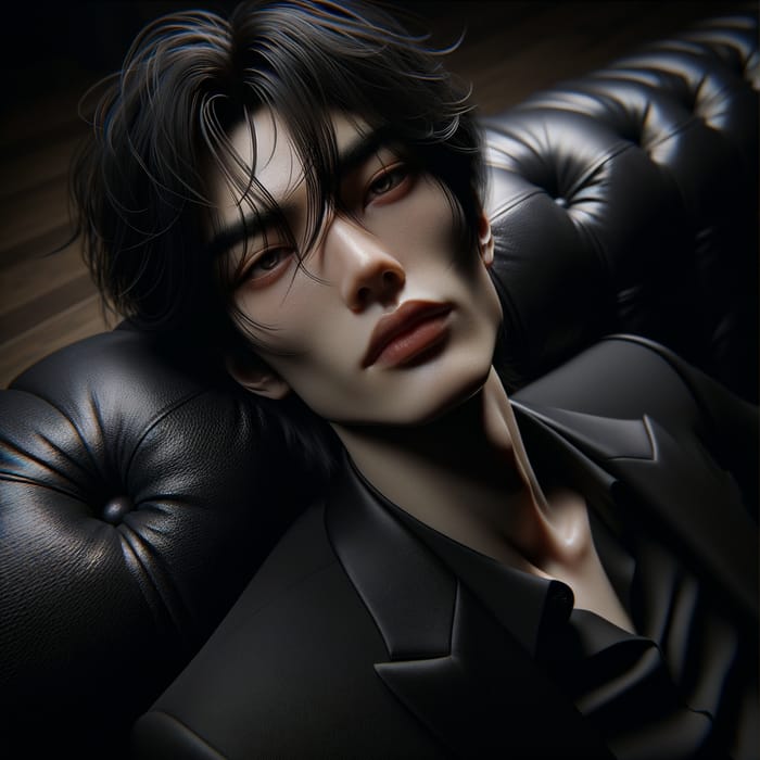 Intense Portrait of Korean Man on Plush Leather Sofa