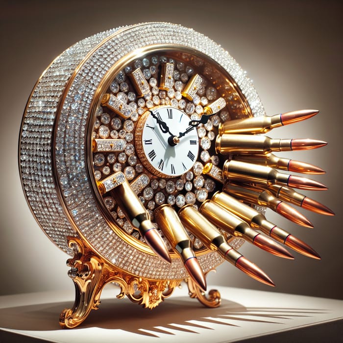 Luxurious Golden Diamond Clock with Bullets and Magazines