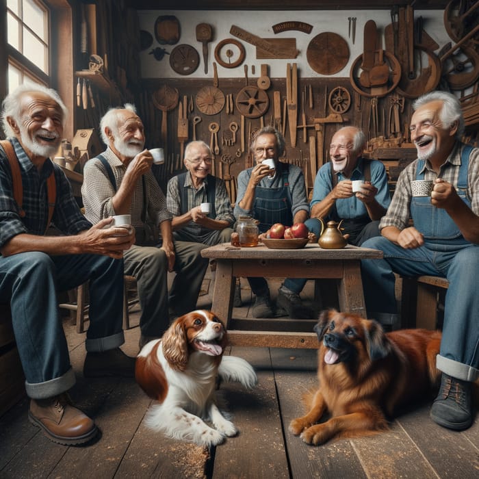 Charming Scene: Elderly Men Enjoy Coffee and Apple Fritters with Dogs in Rustic Woodshop