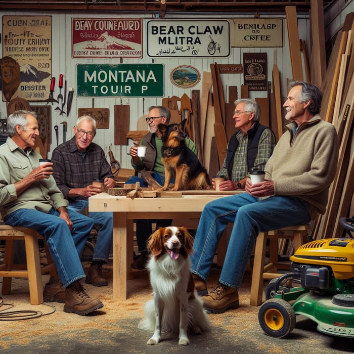 Montana Workshop Gathering of 50s Men, 80-Year-Old, 2 Dogs