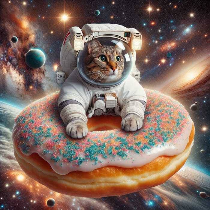 Space Cat Riding Donut in Cosmic Journey