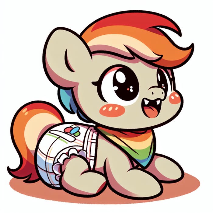 Charming Baby Pony in Diaper with Milk Tooth Crawling and Wearing Bib Cartoon