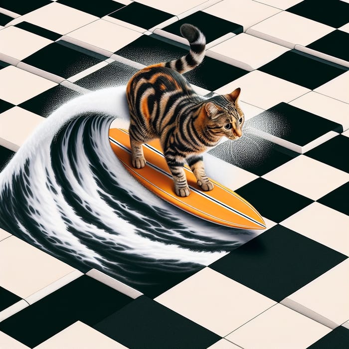 Tabby Cat Surfing on Checkered Wave