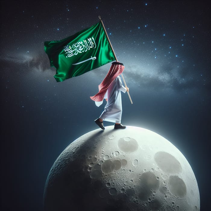 Child in Saudi Attire Holding Flag on Moon