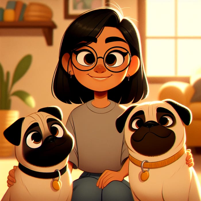 Young Hispanic Girl with Glasses and Black Hair with Two Pixar-Like Pugs