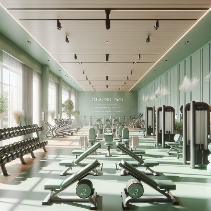 Spacious Fitness Room with Premium Gym Equipment in Soft Pastel Green