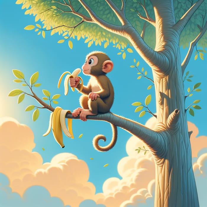 Lone Monkey on Tree Feasting on Banana | Serene Natural Scene
