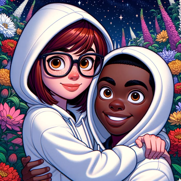 Whimsical Pixar-style Poster Featuring Diverse Characters Embracing in Colorful Night Scene