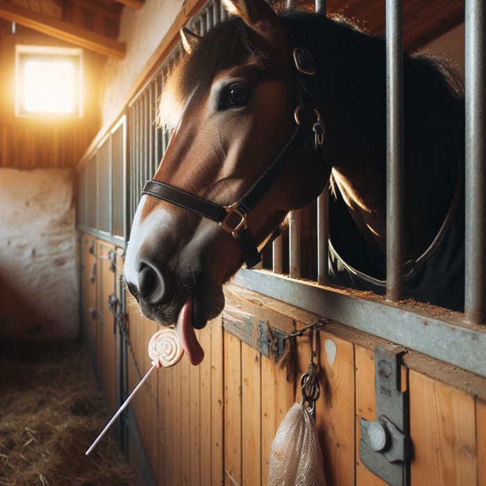 Horse Licking Sweet Round Lollipop in Stable