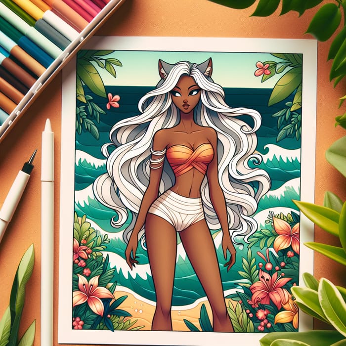 Strong Catwoman with Flowing White Hair | Tropical Paradise