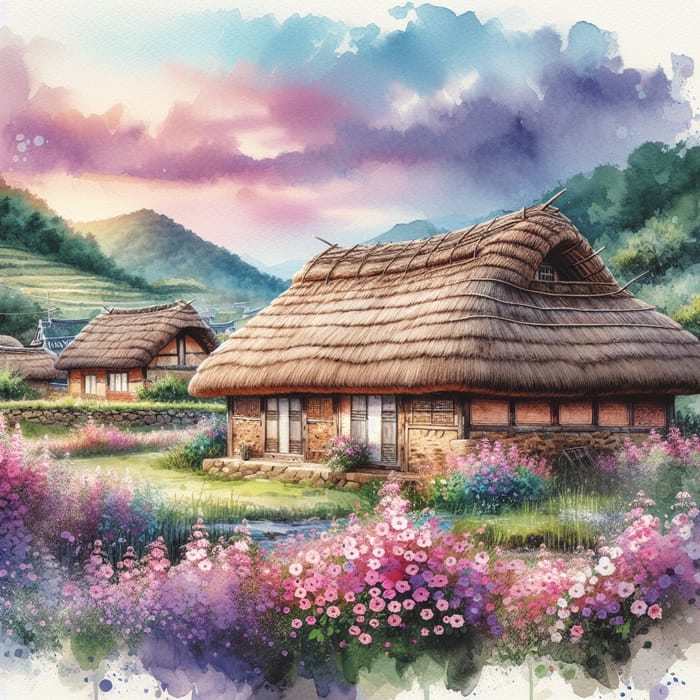 Enchanting Traditional Thatched House in Korea - Watercolor Art