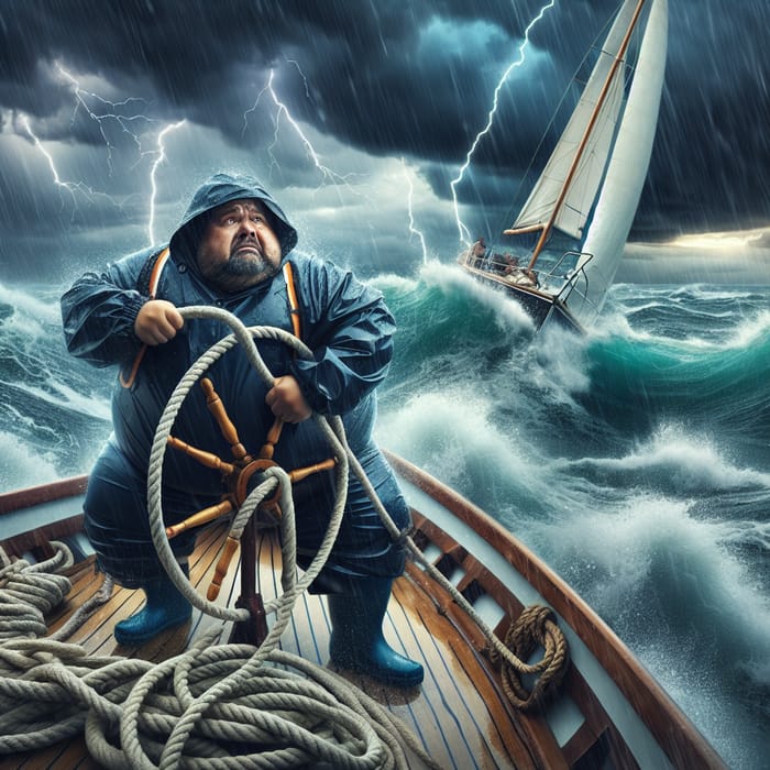 Chubby Man Sailing Through Stormy Weather on Sailboat